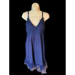 Davi & Dani Navy Blue Cross Strap Lace Boho Mini Dress - Size M
